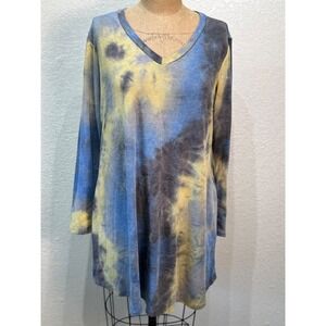 Heimish USA Tie Dye Tunic Top V Neck‎ Long Sleeve Blue Yellow Women's Large NWT